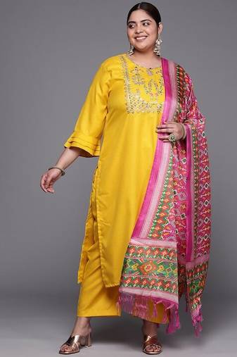 Mustard floral embroidered cotton kurta trouser dupatta set