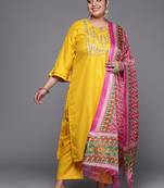 Mustard floral embroidered cotton kurta trouser dupatta set