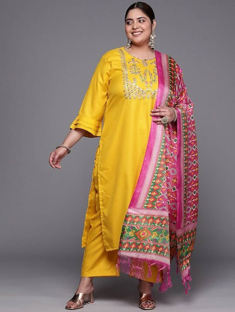 Mustard floral embroidered cotton kurta trouser dupatta set