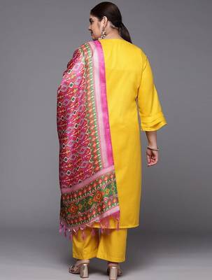 Mustard floral embroidered cotton kurta trouser dupatta set 2