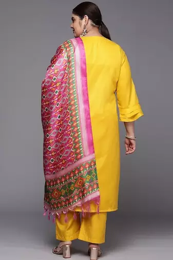 Mustard floral embroidered cotton kurta trouser dupatta set