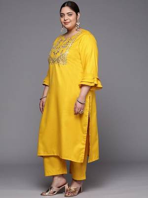 Mustard floral embroidered cotton kurta trouser dupatta set 5