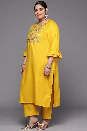 Mustard floral embroidered cotton kurta trouser dupatta set