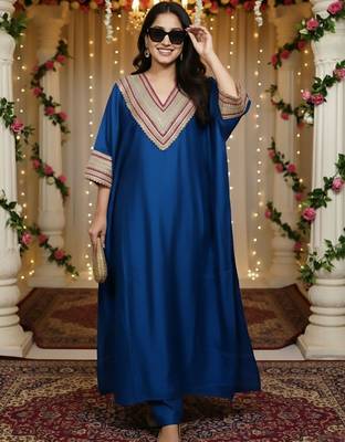 Blue floral embroidered silk blend kurta trouser set 1