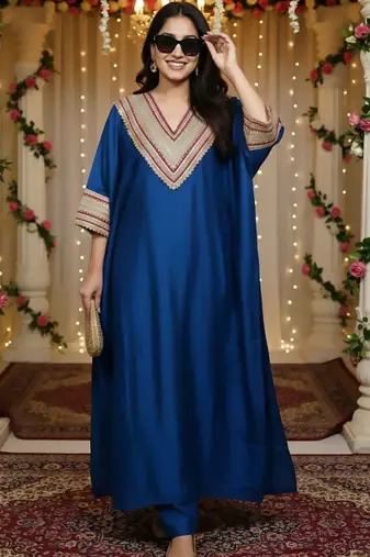 Blue floral embroidered silk blend kurta trouser set