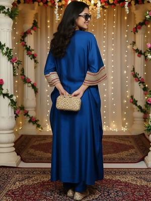 Blue floral embroidered silk blend kurta trouser set 2