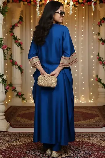 Blue floral embroidered silk blend kurta trouser set