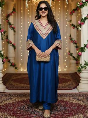Blue floral embroidered silk blend kurta trouser set 3