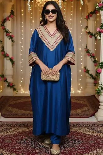 Blue floral embroidered silk blend kurta trouser set