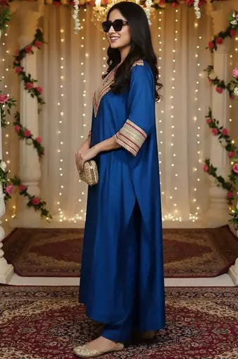Blue floral embroidered silk blend kurta trouser set