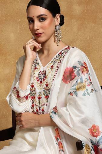 Off white floral embroidered silk blend kurta trouser dupatta set