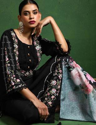 Black floral embroidered cotton kurta trouser dupatta set 1