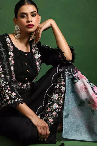 Black floral embroidered cotton kurta trouser dupatta set
