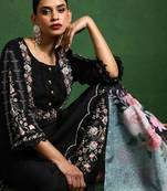 Black floral embroidered cotton kurta trouser dupatta set