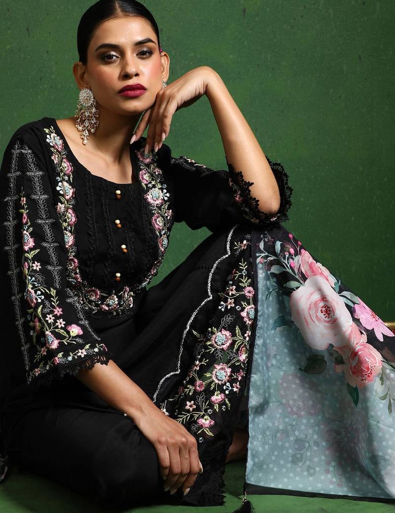 Black floral embroidered cotton kurta trouser dupatta set