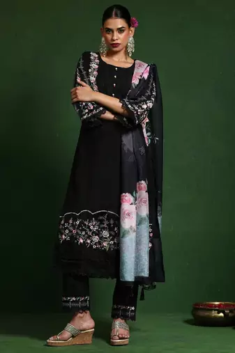 Black floral embroidered cotton kurta trouser dupatta set