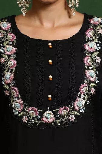 Black floral embroidered cotton kurta trouser dupatta set