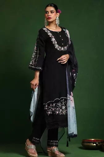 Black floral embroidered cotton kurta trouser dupatta set