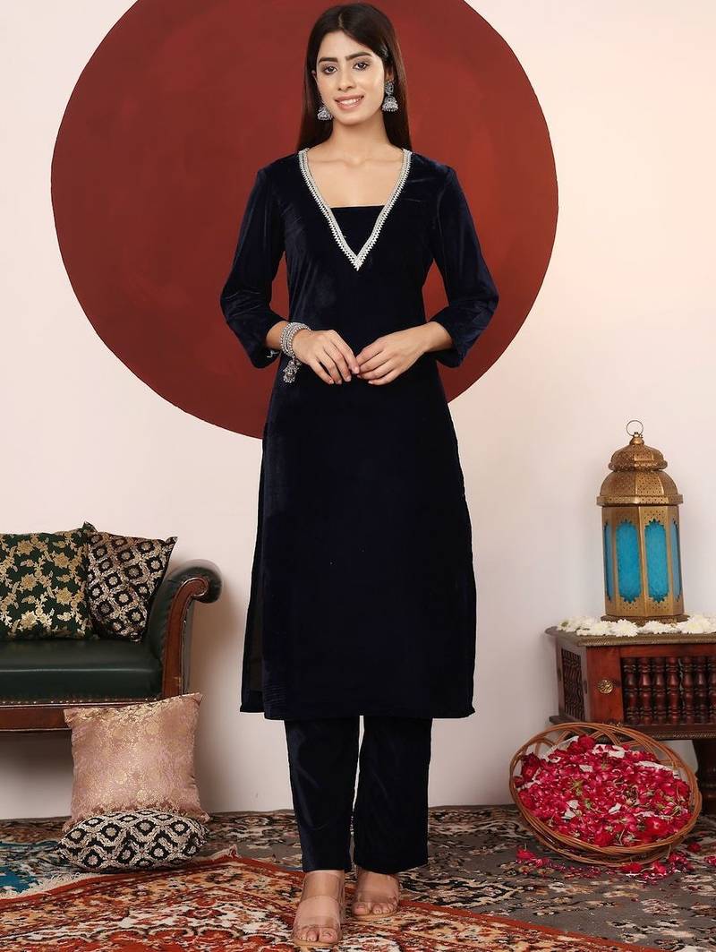 Navy blue floral printed velvet kurta trouser set