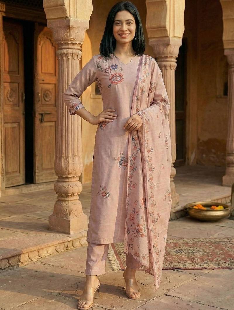 Peach floral printed cfloraleri silk kurta trouser dupatta set