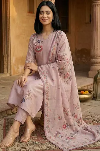 Peach floral printed cfloraleri silk kurta trouser dupatta set