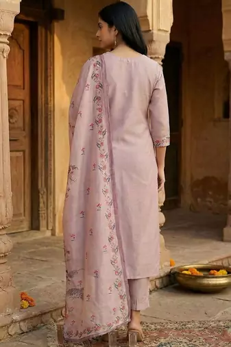 Peach floral printed cfloraleri silk kurta trouser dupatta set