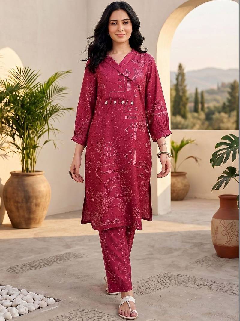 Maroon floral printed cfloraleri silk kurta trouser set