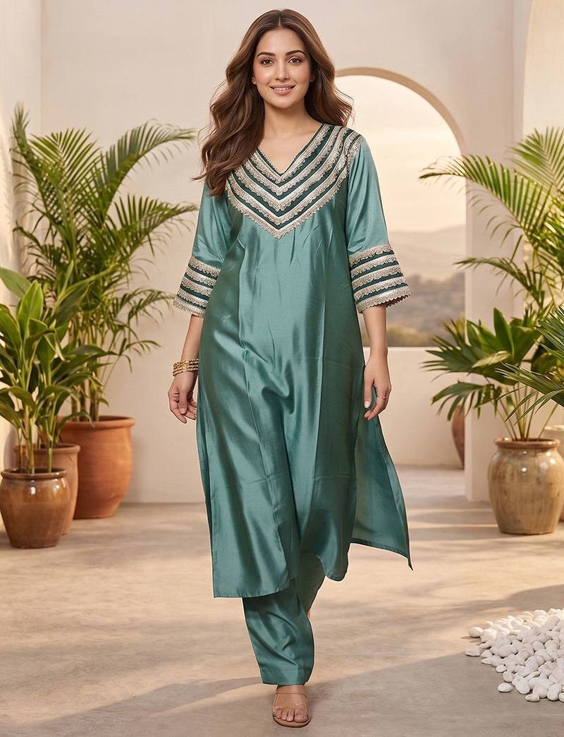 Sea green floral embroidered silk blend kurta trouser set