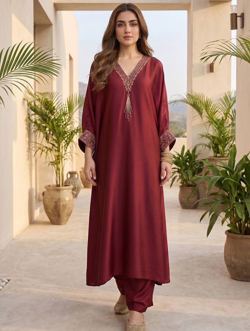 Maroon floral embroidered silk blend kurta trouser set