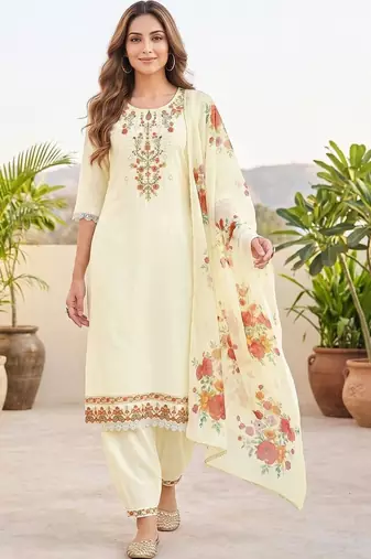 Cream floral embroidered silk blend kurta patiala dupatta set