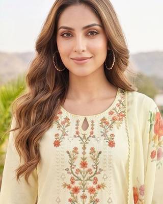 Cream floral embroidered silk blend kurta patiala dupatta set 2