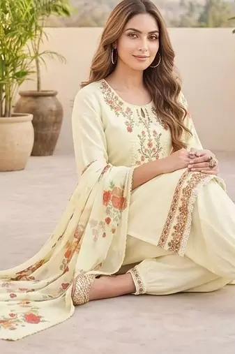 Cream floral embroidered silk blend kurta patiala dupatta set