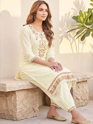 Cream floral embroidered silk blend kurta patiala dupatta set 4