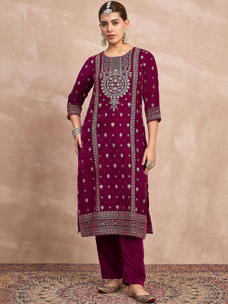 Purple floral embroidered velvet kurta trouser set