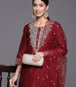 Maroon floral embroidered cfloraleri silk kurta trouser dupatta set