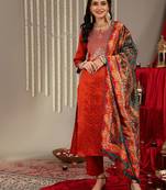 Orange floral embroidered art silk kurta trouser dupatta set