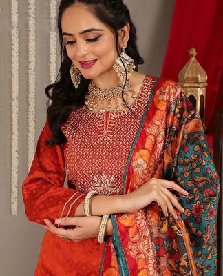 Orange floral embroidered art silk kurta trouser dupatta set 2