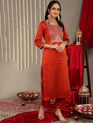 Orange floral embroidered art silk kurta trouser dupatta set 5