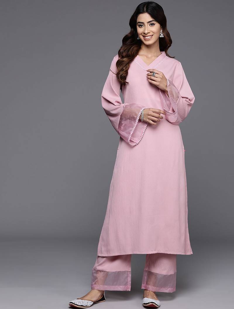 Pink floral printed silk blend kurta palazzo set