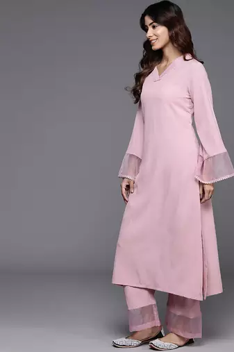 Pink floral printed silk blend kurta palazzo set