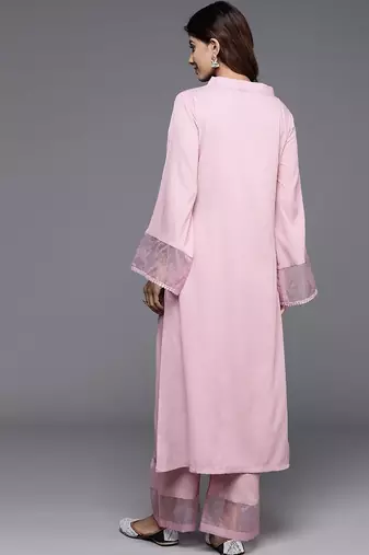 Pink floral printed silk blend kurta palazzo set