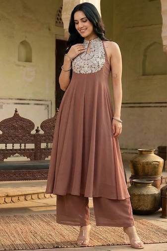 Brown floral embroidered silk blend kurta trouser set