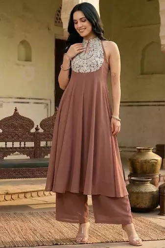 Brown floral embroidered silk blend kurta trouser set