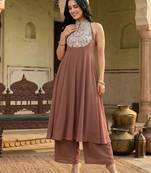 Brown floral embroidered silk blend kurta trouser set