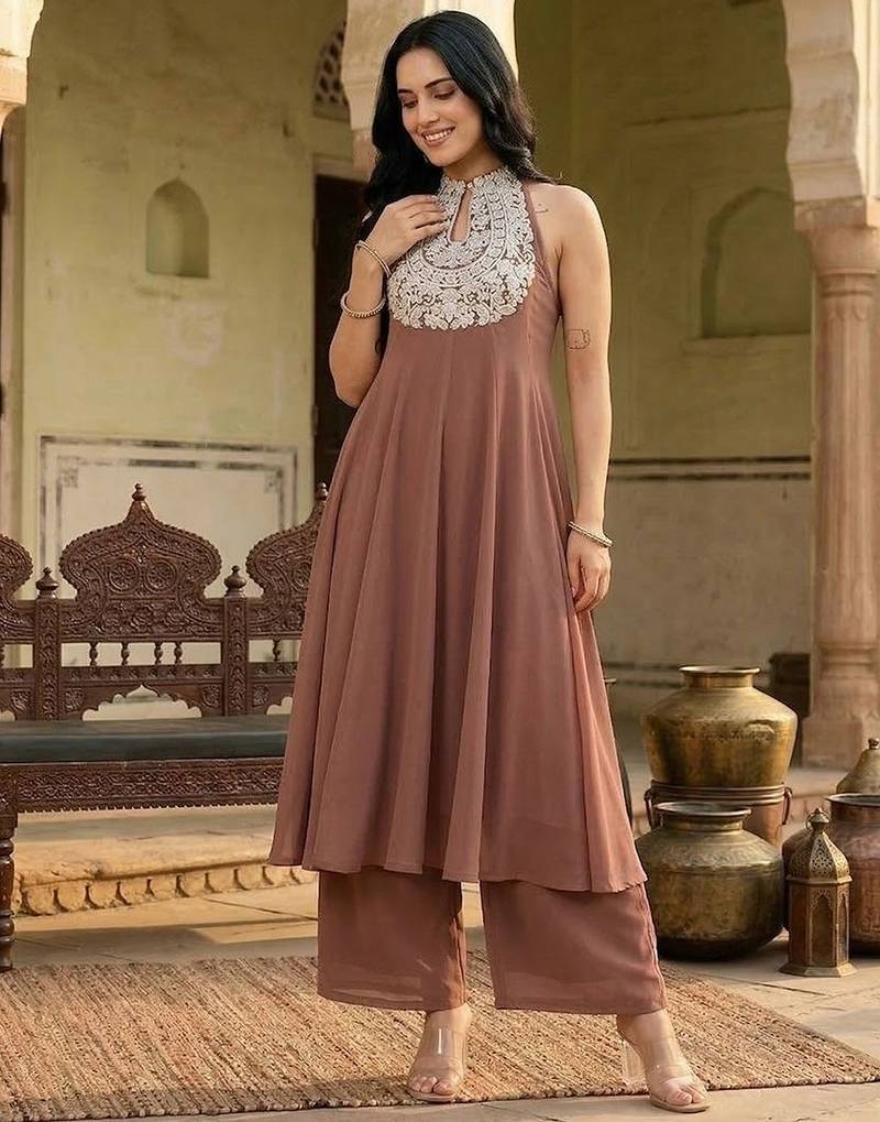Brown floral embroidered silk blend kurta trouser set