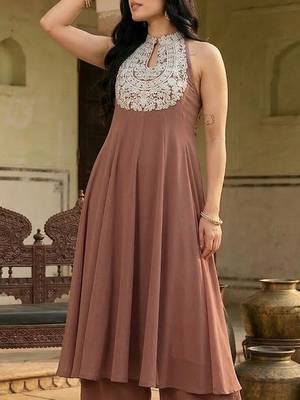 Brown floral embroidered silk blend kurta trouser set 2