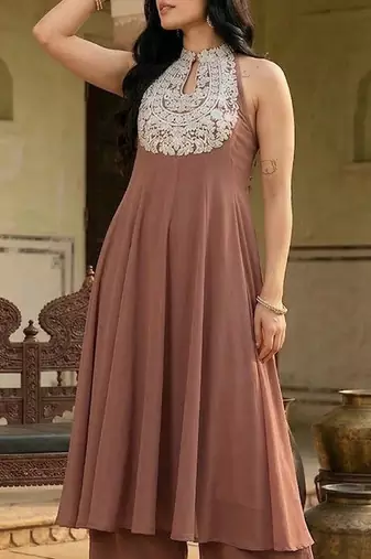 Brown floral embroidered silk blend kurta trouser set