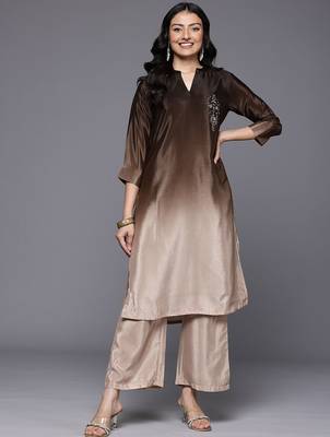 Brown floral printed silk blend kurta trouser set 1