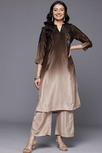 Brown floral printed silk blend kurta trouser set