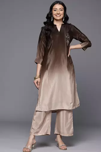 Brown floral printed silk blend kurta trouser set